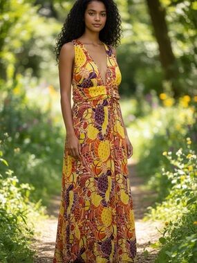 Deep V-Neck Yellow Floral Tie-Waist Maxi Dress
